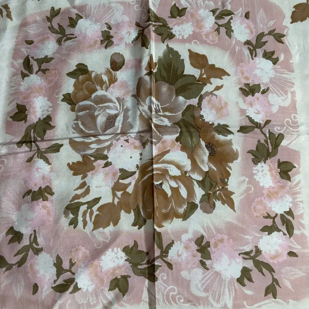 Romantic vintage Liz Claiborne silky scarf pink taupe cream floral border logo